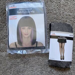 Halloween Celebrate Fishnet Stockings Tights And Black/Purple Wig NWT